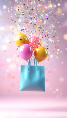 Festive pastel shopping bag lifted by colorful balloons amidst confetti