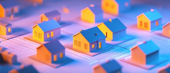 Colorful miniature houses illuminated at night in a vibrant urban setting