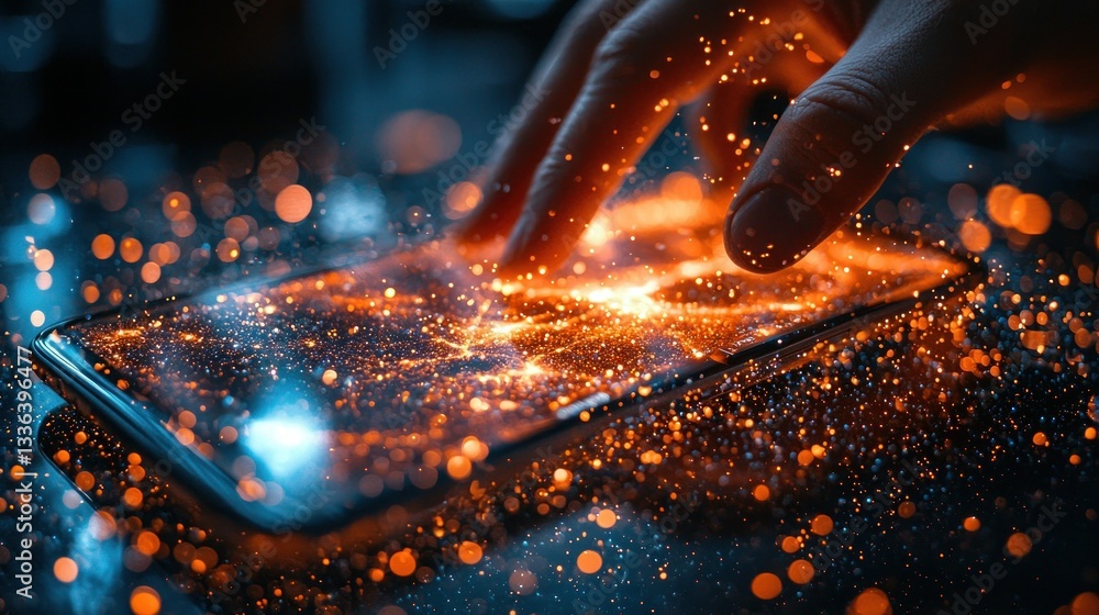 Aufkleber a hand is interacting with an illuminated touch screen device