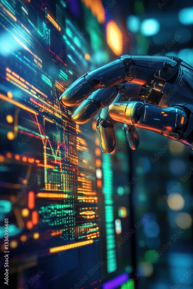Aufkleber robotic hand interacting with colorful digital data display in futuristic setting