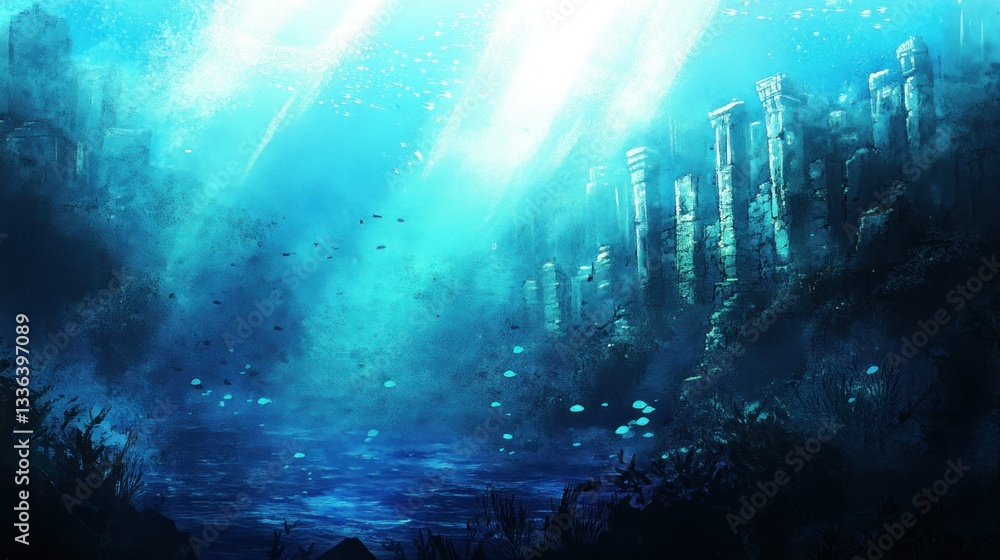 Poster underwater ruins illuminated by light filtering through the ocean above