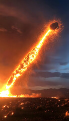 Fiery meteor streaks across twilight sky, igniting landscape below