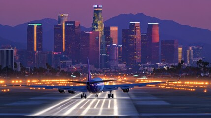 Naklejka premium An airplane landing at night with city skyline in background