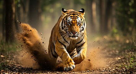 Fototapeta premium Majestic Tiger in Action, Running Through the Forest. Generative Ai