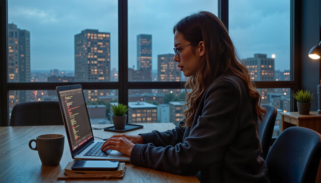 Woman in glasses writing software code. Female software engineer at workstation. Portrait of a developer working in an office. Programmer at her computer at night.