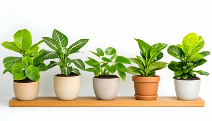Obraz premium Five potted houseplants on wooden shelf against white background