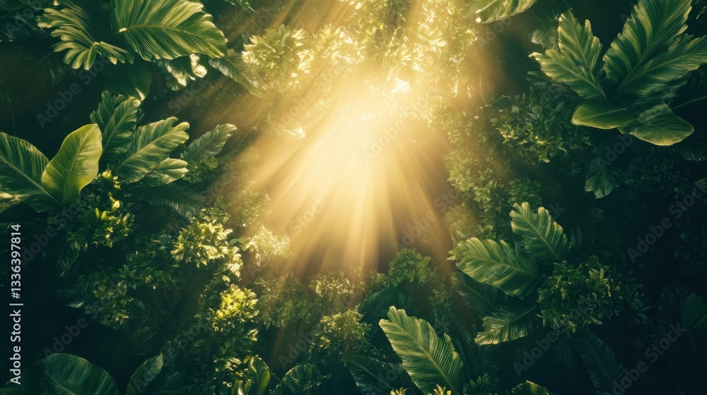 Poster sunlight filters through lush greenery creating a beautiful natural scene