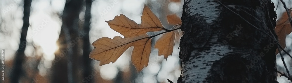 Poster a single autumn leaf resting beside a tree trunk in nature