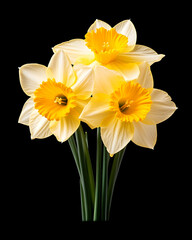 Obraz premium Four pale yellow daffodils with vibrant orange centers, stems intact, isolated on black background