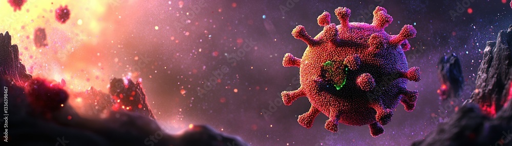 Poster A rendering of a virus cell floating in a colorful cosmic background