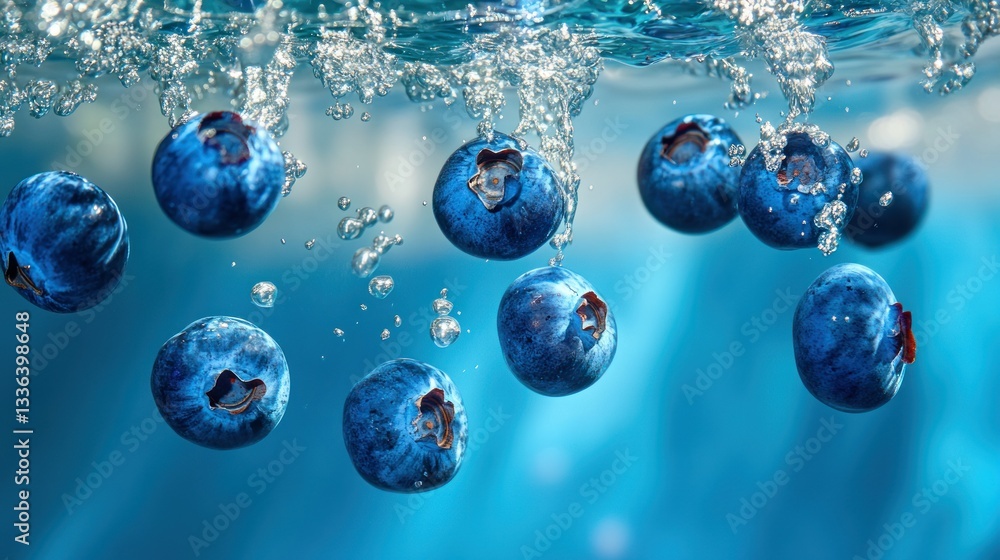 Poster fresh blue berries submerged in clear sparkling water display
