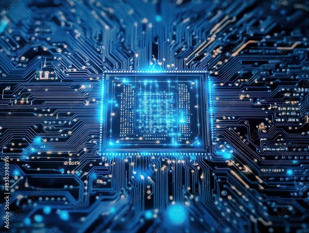 Poster close-up of a futuristic microchip on a circuit board with glowing elements