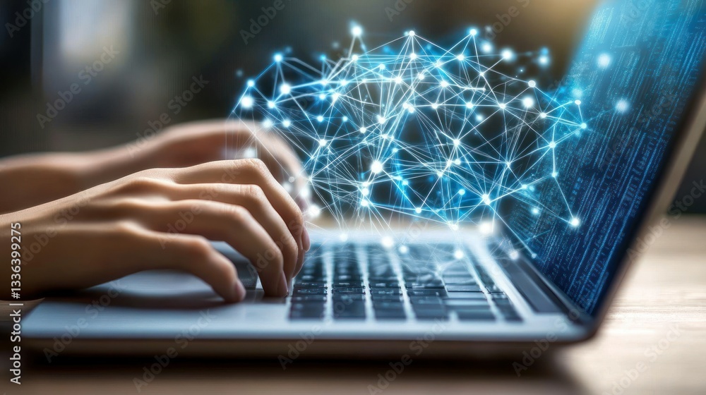 Poster Hands Typing on a Laptop with Digital Network Visualization