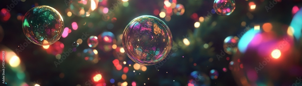Poster bubbles reflecting iridescent light floating against dark blurred background