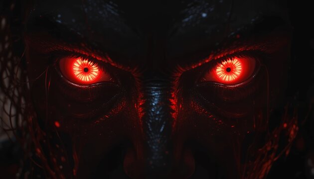 Eerie face with intense red eyes in the dark nightmare scene