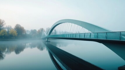 Fototapeta premium A modern architectural bridge over calm water with foggy surroundings