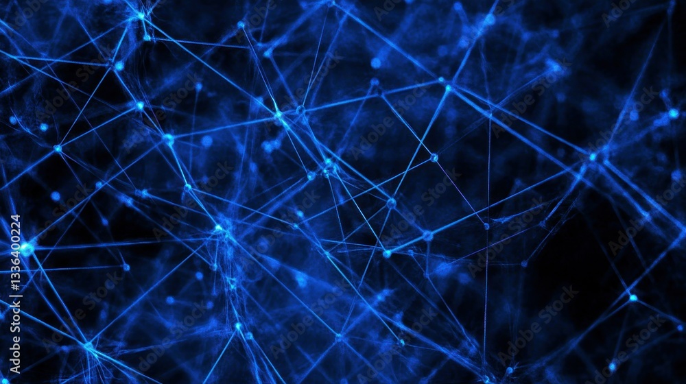 Poster a blue network of connected lines and spheres visualized on black