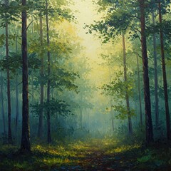 Obraz premium Misty Forest with Sun Rays – 4K HD High-Quality Oil Painting Natural Wallpaper Background