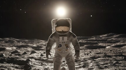 Obraz premium An astronaut stands on the moon under a bright sun and stars