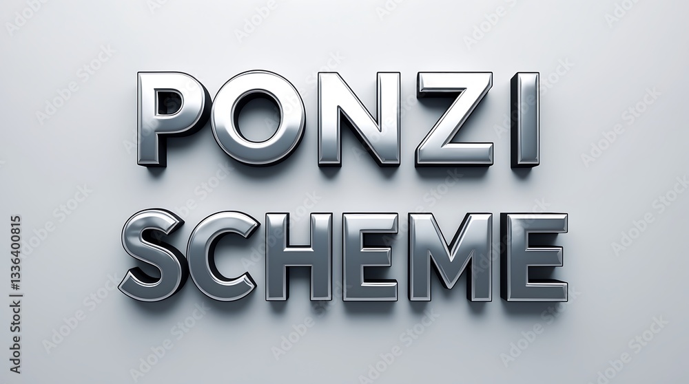 Poster bold metallic typography featuring the phrase ponzi scheme on a simple background