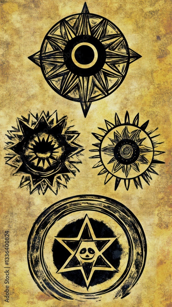 Poster various starlike symbols arranged on a textured background