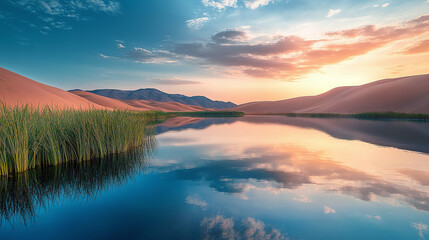 Fototapeta premium Stunning desert oasis at sunset with reflective water and dunes in tranquil landscape