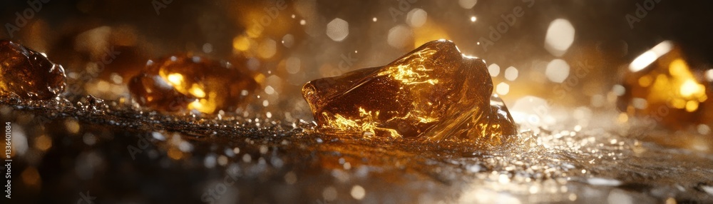 Poster several translucent amber like stones are displayed on a dark surface