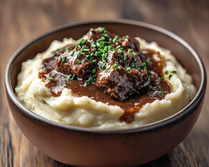Close-up of mashed potatoes topped with brown gravy and meat cubes, garnished with herbs, served in a rustic bowl, showcasing a hearty and comforting food image
