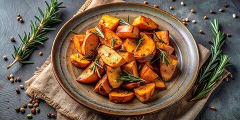 Roasted Sweet Potato Wedges with Rosemary and Spices on a Rustic Plate