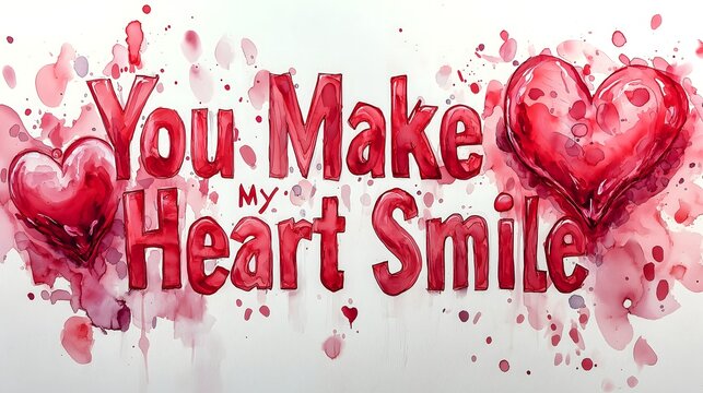 You Make My Heart Smile Red Watercolor Valentine Typography with Hearts
