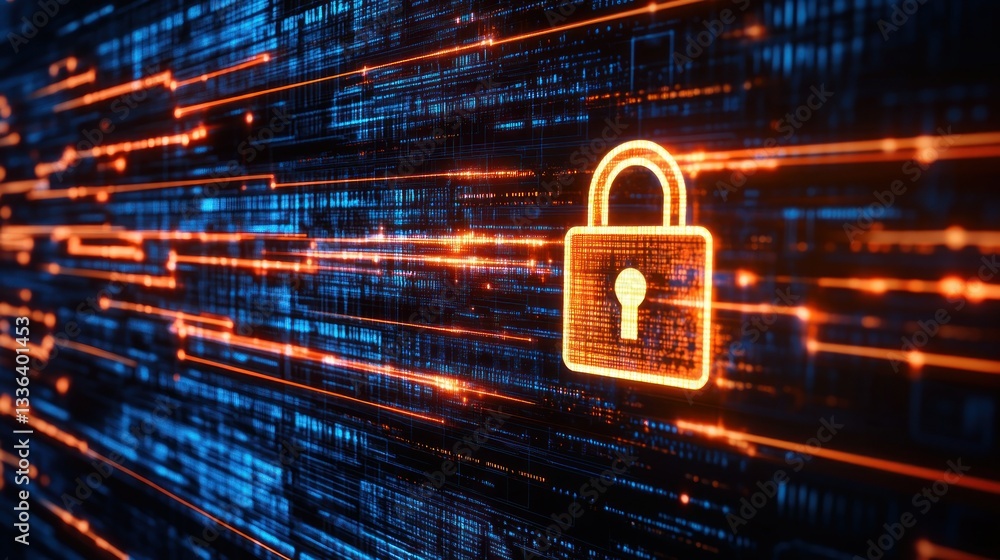 Poster A glowing padlock superimposed on a network data stream