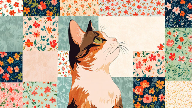 Beautiful calico cat looking up, floral quilt, colorful and detailed digital artwork, seamless pattern with cat