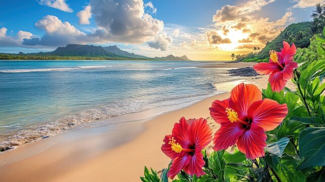 Beautiful tropical beach and flowers. Selective focus.