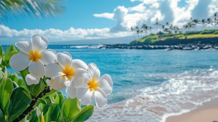 Beautiful tropical beach and flowers. Selective focus.