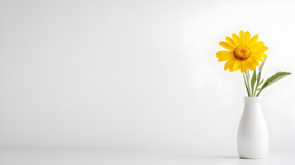 Bright yellow sunflower with lush green leaves in a simple white vase. Perfect for floral compositions, home decor inspiration, and minimalistic branding. Selective focus