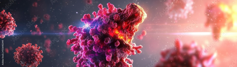 Poster Digital rendering of a virus particle displaying its spiked surface structures