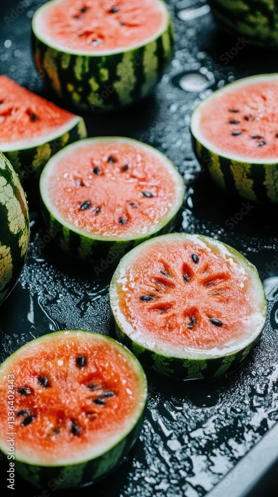 Poster freshly sliced watermelons on a wet surface arranged in a display