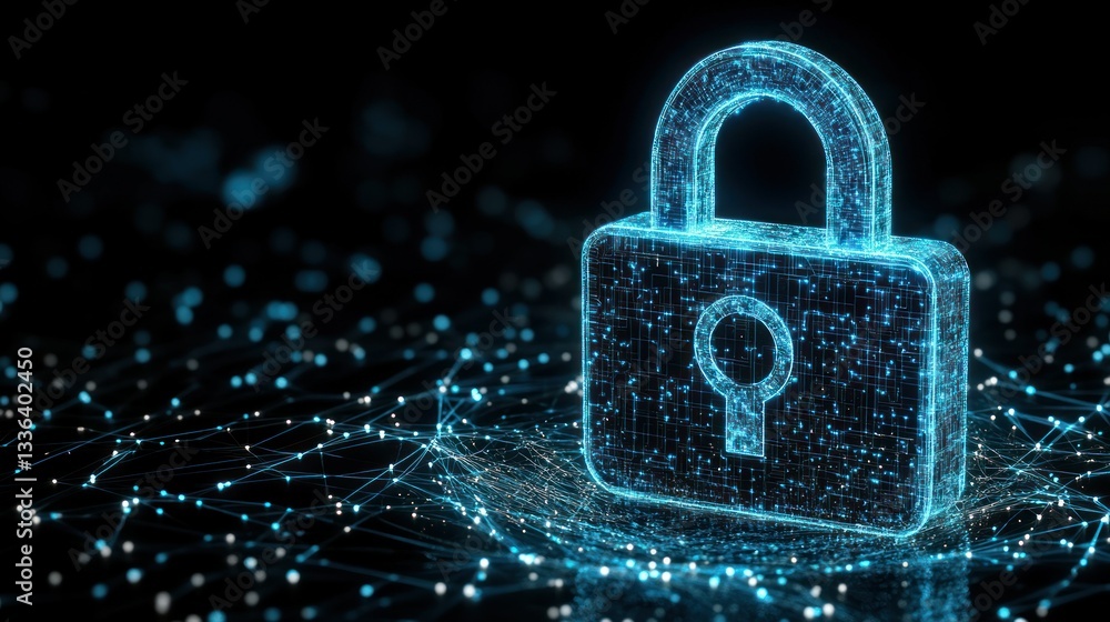 Poster Glowing digital padlock surrounded by network of connected lines