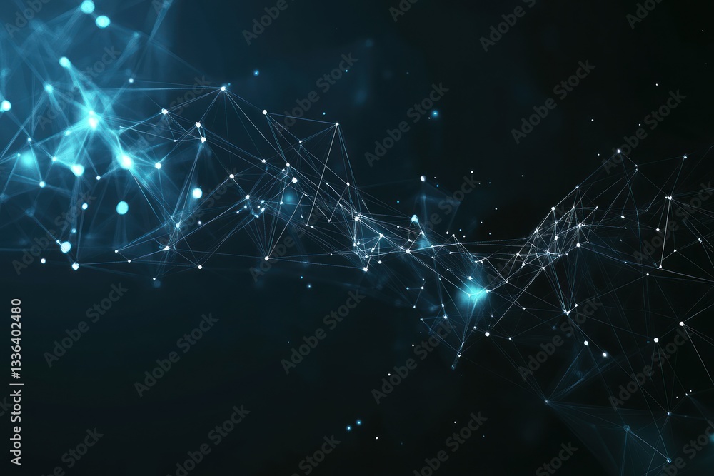 Poster abstract digital network connections with glowing particles in dark
