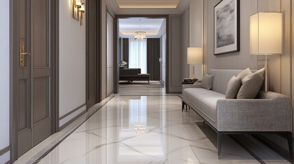 A modern interior hallway with elegant furniture and lighting