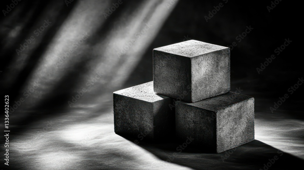 Poster Three textured blocks in a darkened grayscale environment