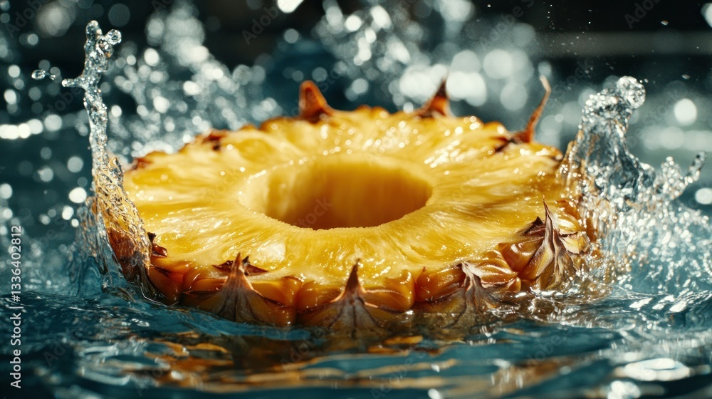 Poster a sliced pineapple ring is submerged in splashing water
