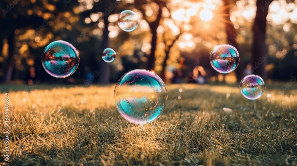 Poster several floating shimmering bubbles in a grassy park scene