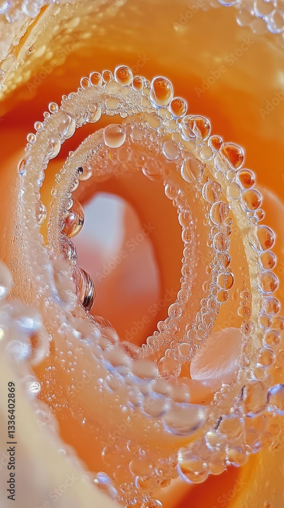 Poster close up macro view of an orange flower and bubbles