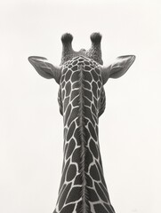 Obraz premium Black and white illustration of the head and neck of a giraffe. the giraffe is facing towards the right side of the image, with its head turned slightly to the left.