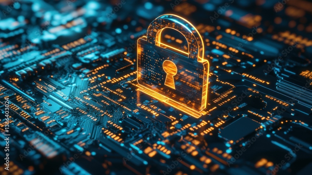 Poster illuminated digital padlock symbol presented above an intricate circuit board