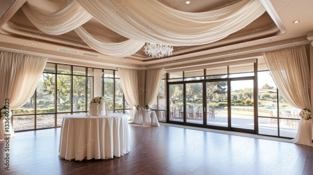 Poster a well decorated elegant event room with large windows and light curtains