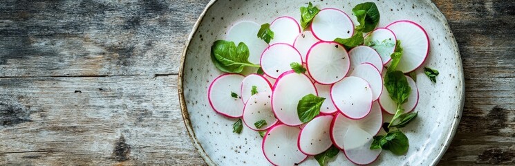 Fresh radish slices with greens on a rustic ceramic plate.