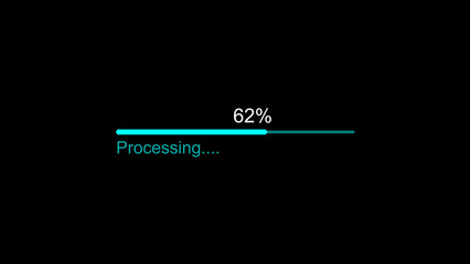 A  cyan color loading illustration, and glowing processing 62% illustration . on a black background. and creating a stunning 4k illustration.