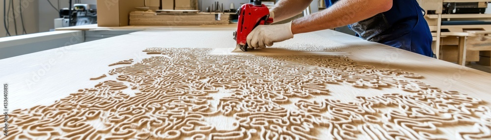 Poster a worker using a tool to carve a wooden artwork